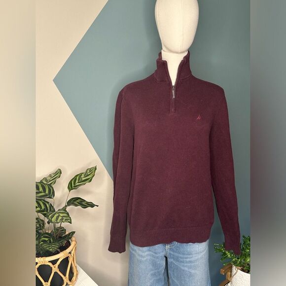 Nautica Men’s Medium Burgundy Red Pullover 1/4 Zip Casual Tight Knit Sweater - Picture 3 of 12